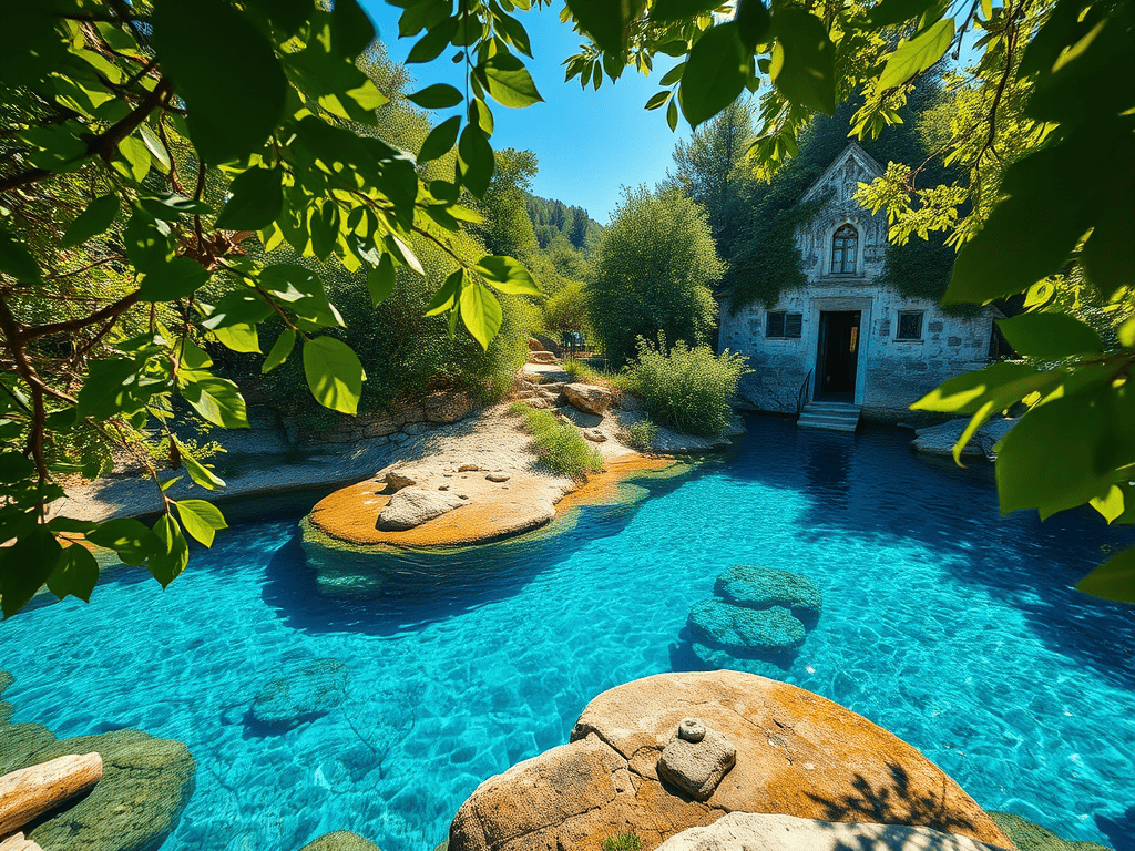 Beautiful natural pool with turquoise water surrounded by rocks and trees in Albania.