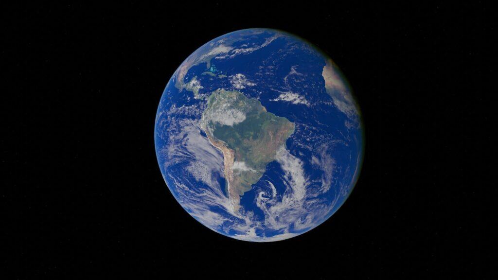 View of Earth from space highlighting South America and surrounding oceans.