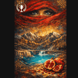 Artistic depiction of mountains and pomegranates with vibrant colors.