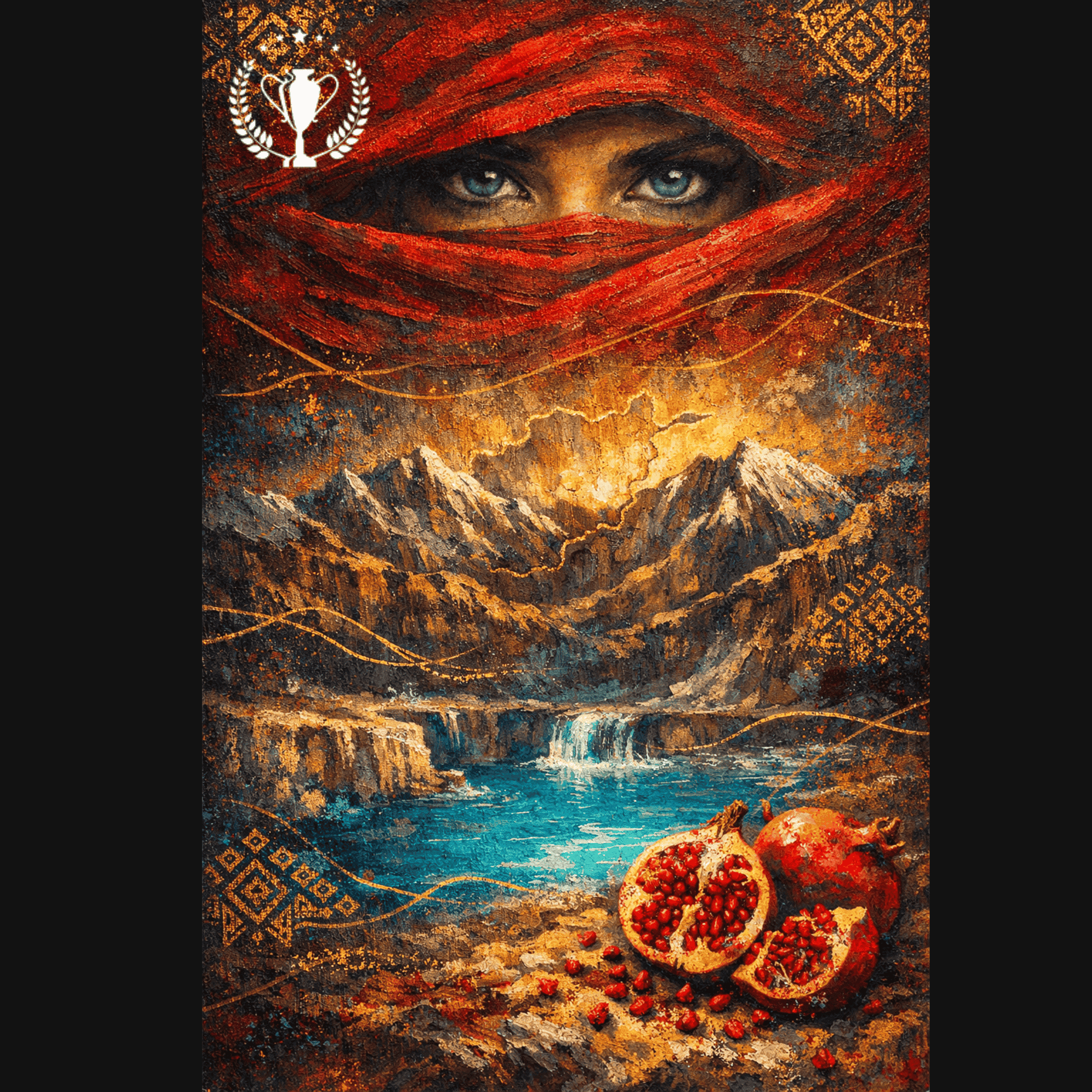 Artistic depiction of mountains and pomegranates with vibrant colors.