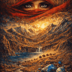 Woman with intense eyes wearing a red headscarf over a desert mountain landscape.