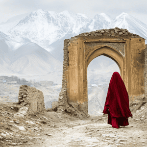 Ancient gateway with a person in red robes overlooking snow-capped mountains.
