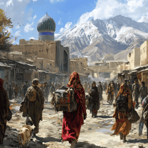 Mountain village street with people and snow-capped peaks in the background.