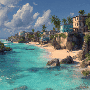 Scenic coastal village with colorful houses on cliffs overlooking turquoise sea.