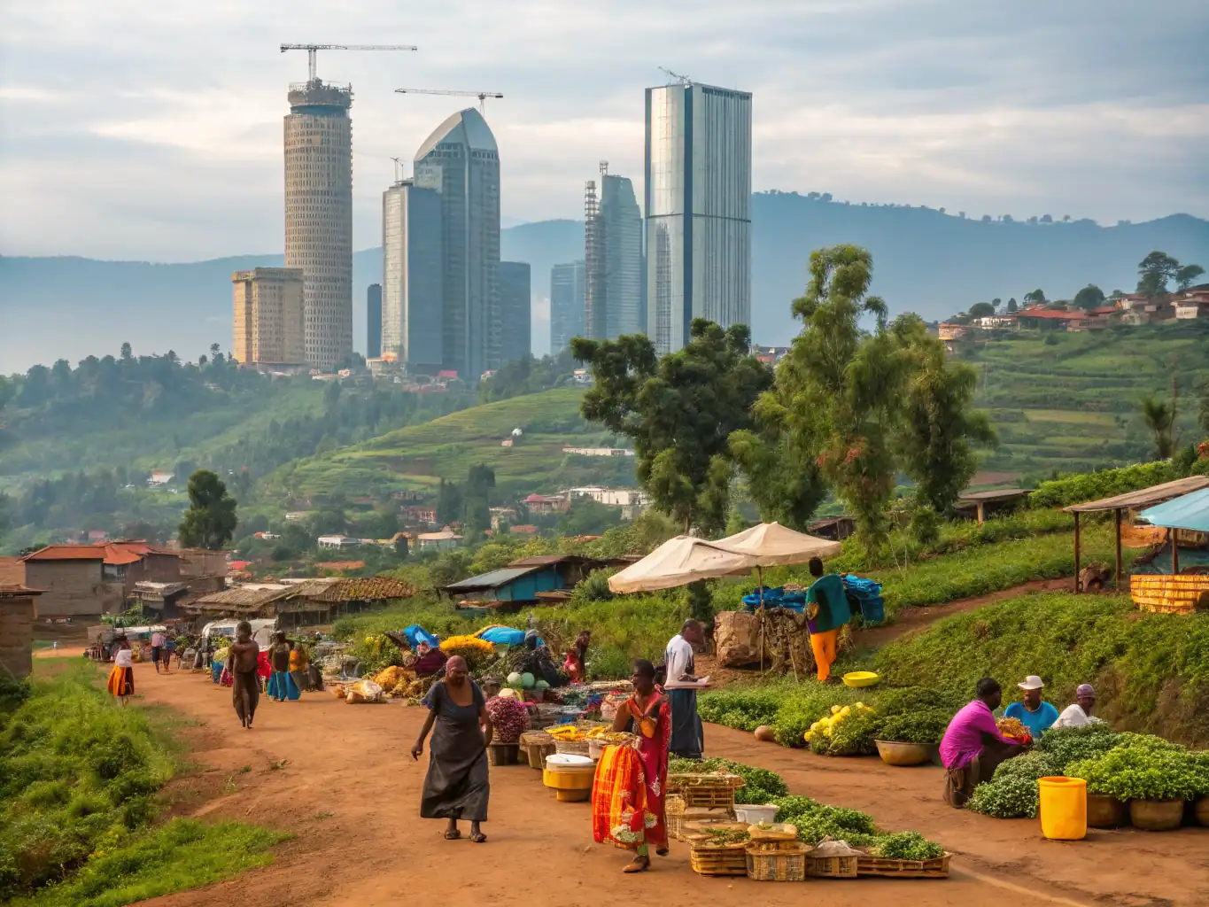 Rwanda city skyline with rural market scene in foreground.
