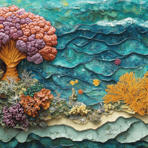 Vibrant coral reef with diverse marine life and textured ocean background.