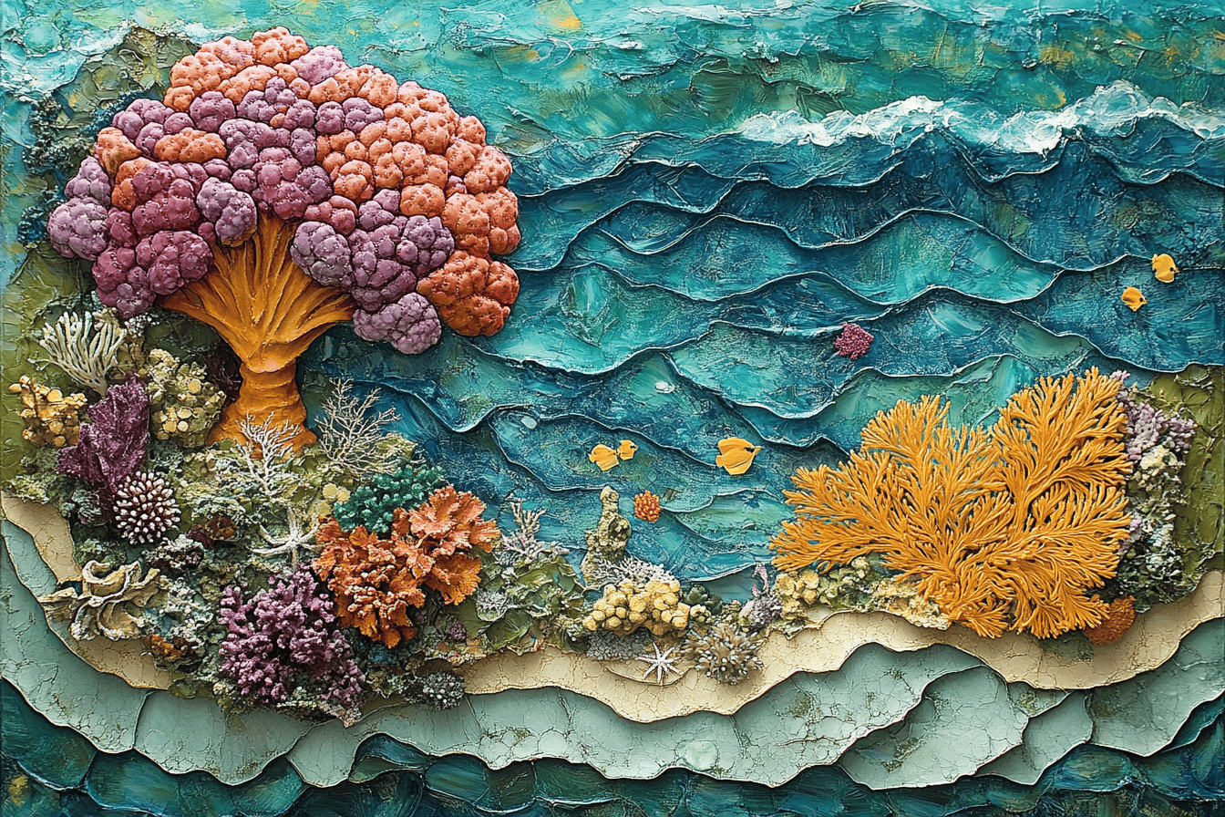 Vibrant coral reef with diverse marine life and textured ocean background.