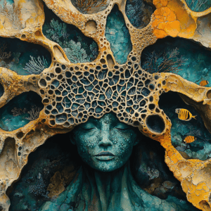 Surreal underwater woman with coral and fish, vibrant ocean scene.
