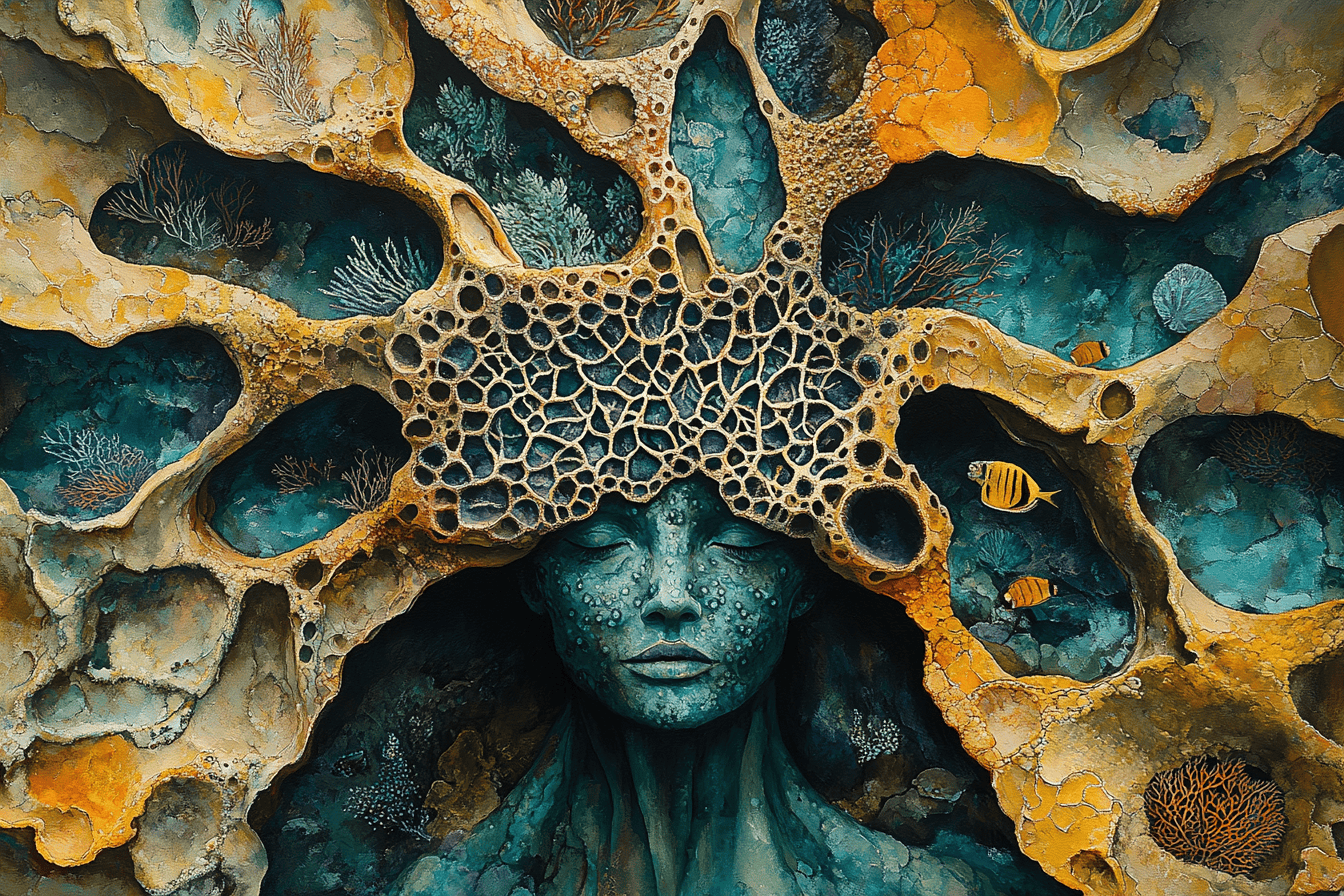 Surreal underwater woman with coral and fish, vibrant ocean scene.