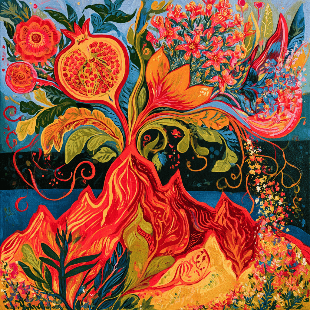 Hindu Kush in Bloom — the Afghan mountains redrawn as a radiant flowering peak in the flag's black, red, and green