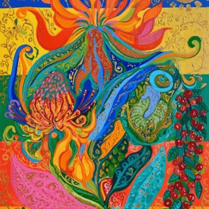 Vibrant abstract artwork with floral and natural elements in bright colors.